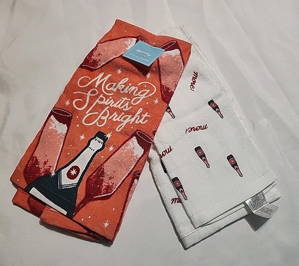 Holiday Cheer Kitchen Towels Making Spirits Bright Wine Bottles Set of 2